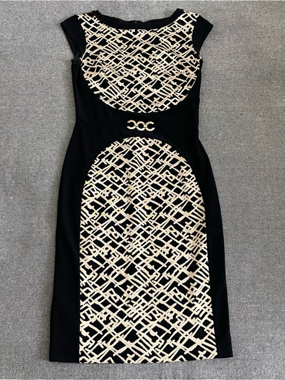 Joseph Ribkoff Black and Cream Patterned Midi Sheath Dress
